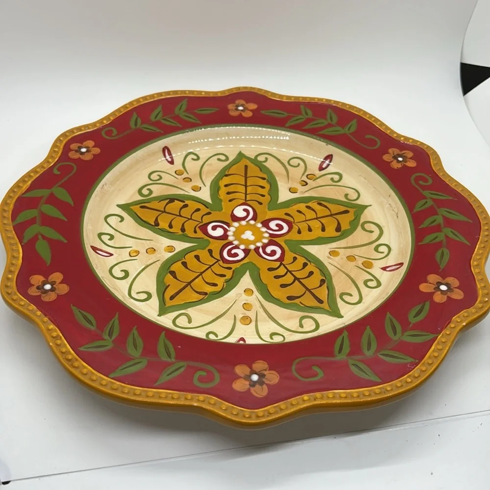 Pier 1 Juliana hand painted floral gold red scalloped edge dinner plates.
